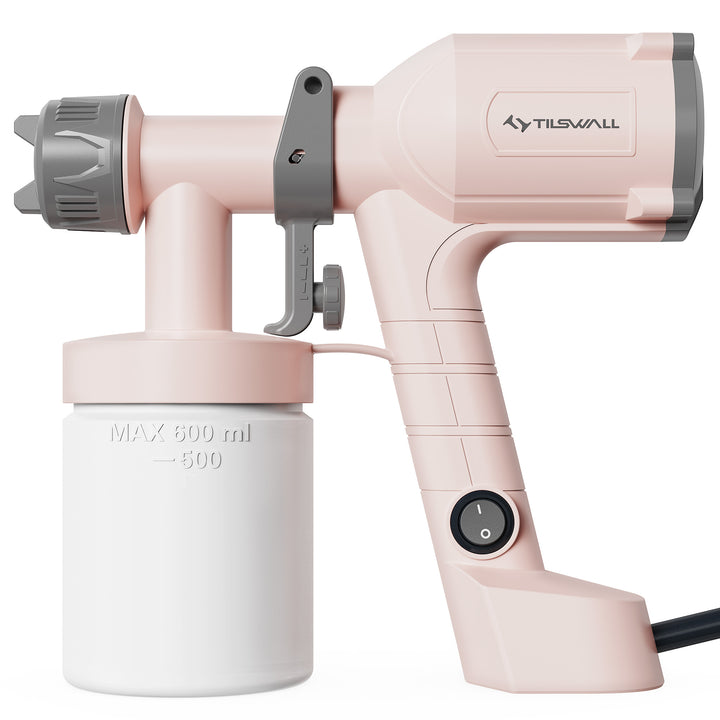 Tilswall HVLP Paint Sprayer, Ultra-Light Electric Spray Gun with 20 fl oz Detachable Cup, 2 Nozzles & 3 Patterns, Pink