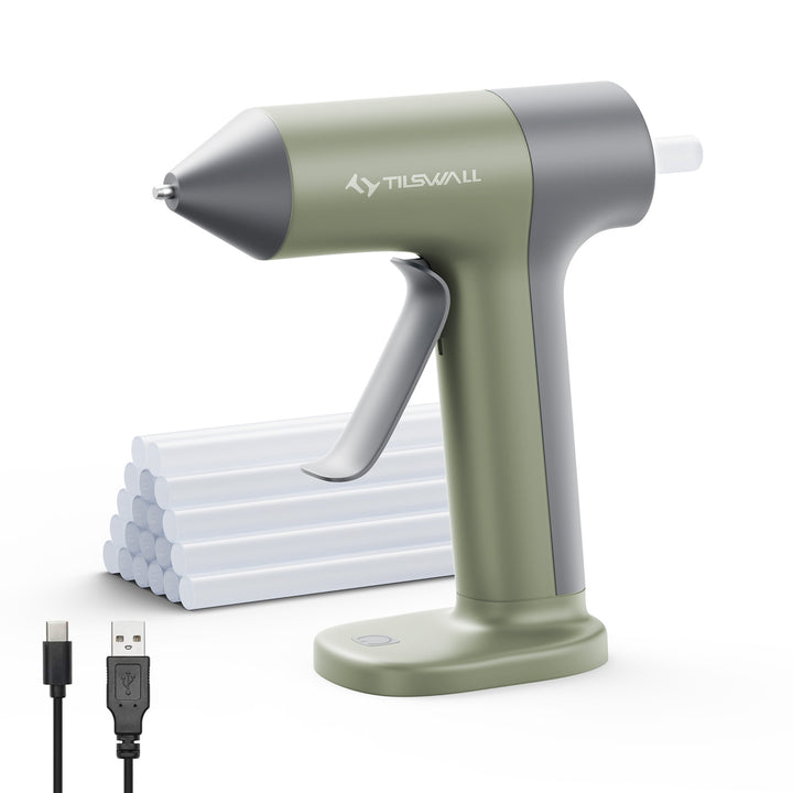 Tilswall 4V Glue Gun, Hot Glue Gun Cordless with Rapid 30s Preheat (Olive)